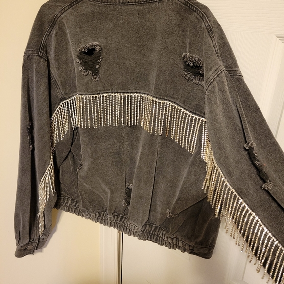 POL Rhinestone Fringe Black Denim Jacket (Large) - Picture 5 of 6